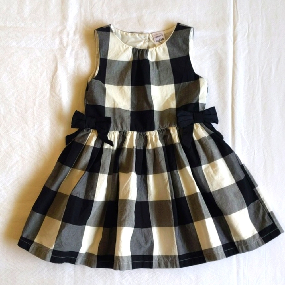 carter's b&w cotton check plaid fit & flare dress with bows 2T toddler girls